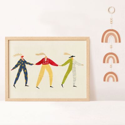 Impresión del arte de la gente del carnaval | Decoración colorida | Arte de la amistad | A5 A4 A3