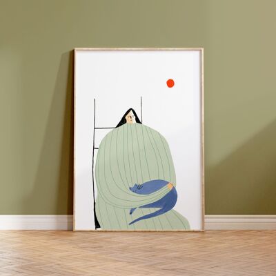 Impresión del arte de la señora del gato | Decoración de pared de gato | Ilustración acogedora | A5 A4 A3