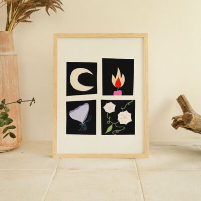 Impresión del arte del collage de la noche | Magia | Luna | florales | polilla | A5 A4 A3