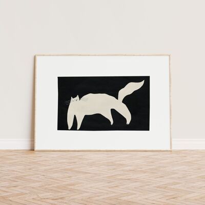 Impresión del arte del gato blanco | Decoración de pared de gato | Blanco y negro | A5 A4 A3