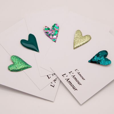 Love & Glitter - Set de 5 pines de corazones verdes con purpurina