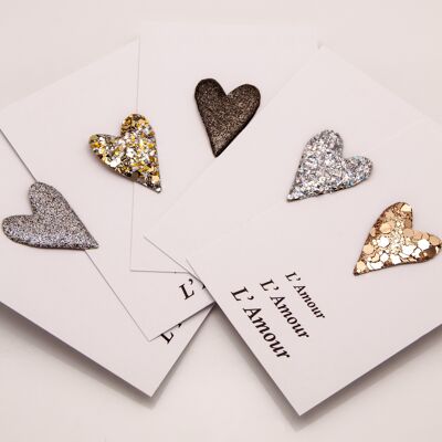 Love & Glitter - Set di 5 spille cuore glitter oro e argento