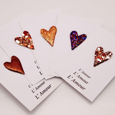 Love & Glitter - Set of 5 brown and brick glitter heart pins