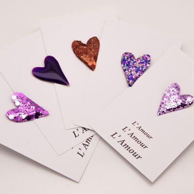 Love & Glitter - Set de 5 pines de corazón purpurina violeta