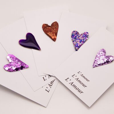 Love & Glitter - Set di 5 spille cuore glitter viola