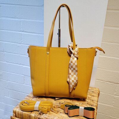 Womens Multi-Function Tote Quality Tote 2 handles Shoulder Bag with 2 straps and small scarf --20203 mustard