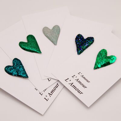 Love & Glitter - Set of 5 glittery heart pins Green