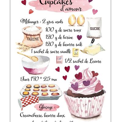 Poster dell'acquerello della ricetta del cupcake d'amore