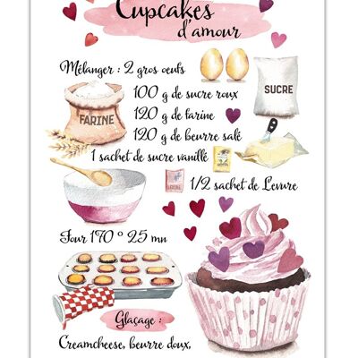 Affiche Aquarelle Recette Cupcake d'Amour