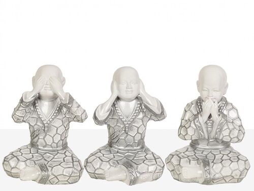 SET 3 FIGURAS MONGES SENTIDOS CERAMICA PLATEADO/BL