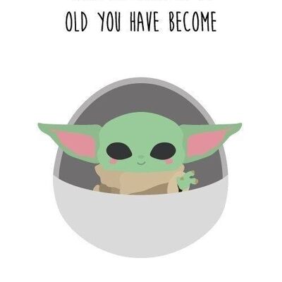 Postal Star Wars Baby Yoda es una divertida tarjeta de cumpleaños adecuada para cualquier persona que ama Star Wars y el Mandalorian.