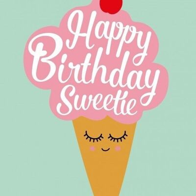 Carte postale joyeux anniversaire, carte d'anniversaire à la crème glacée sucrée