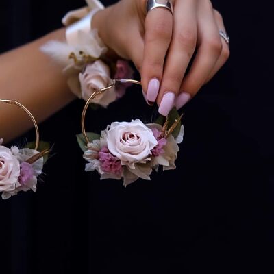 Boucles d’oreilles fleurs séchées rose “Louise” taille L
