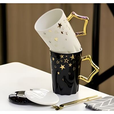 Kaffeetasse mit goldenen Sternen mit Deckel und Löffel in Geschenkbox DF-442