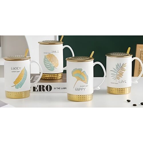 Ceramic mug with lid and spoon in 4 leaves design in gift box 380 ml - DF-443