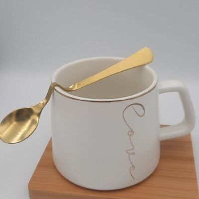 Mug with wooden base and golden spoon in box df-447