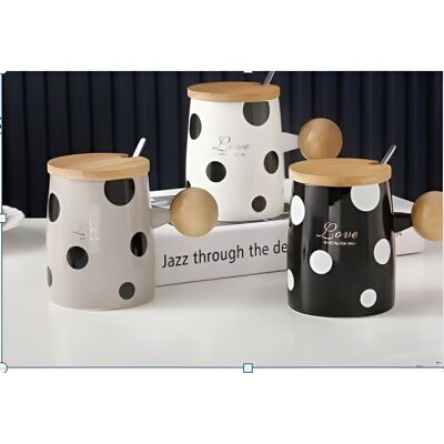 Mug en céramique avec cuillère, avec couvercle en bois et poignée boule en bois dans une boîte cadeau - DF-449