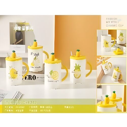 Ceramic mug pineapple with lid and spoon in box in 4 designs in box