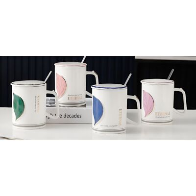 Taza de cerámica con tapa y cuchara en caja de regalo en 4 colores - DF-458