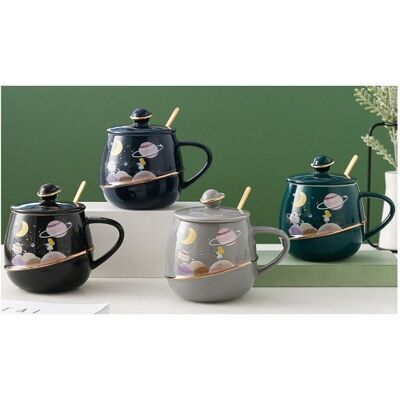 Ceramic 460 ml mug with lid and spoon in gift box in 4 colours DF-463