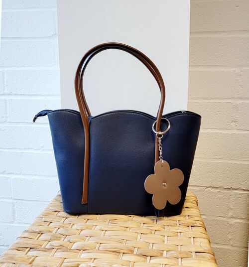 Lovely Womens tote Flower Charm Shoulder bag with long adjustable strap-75009 Blue (Dark)