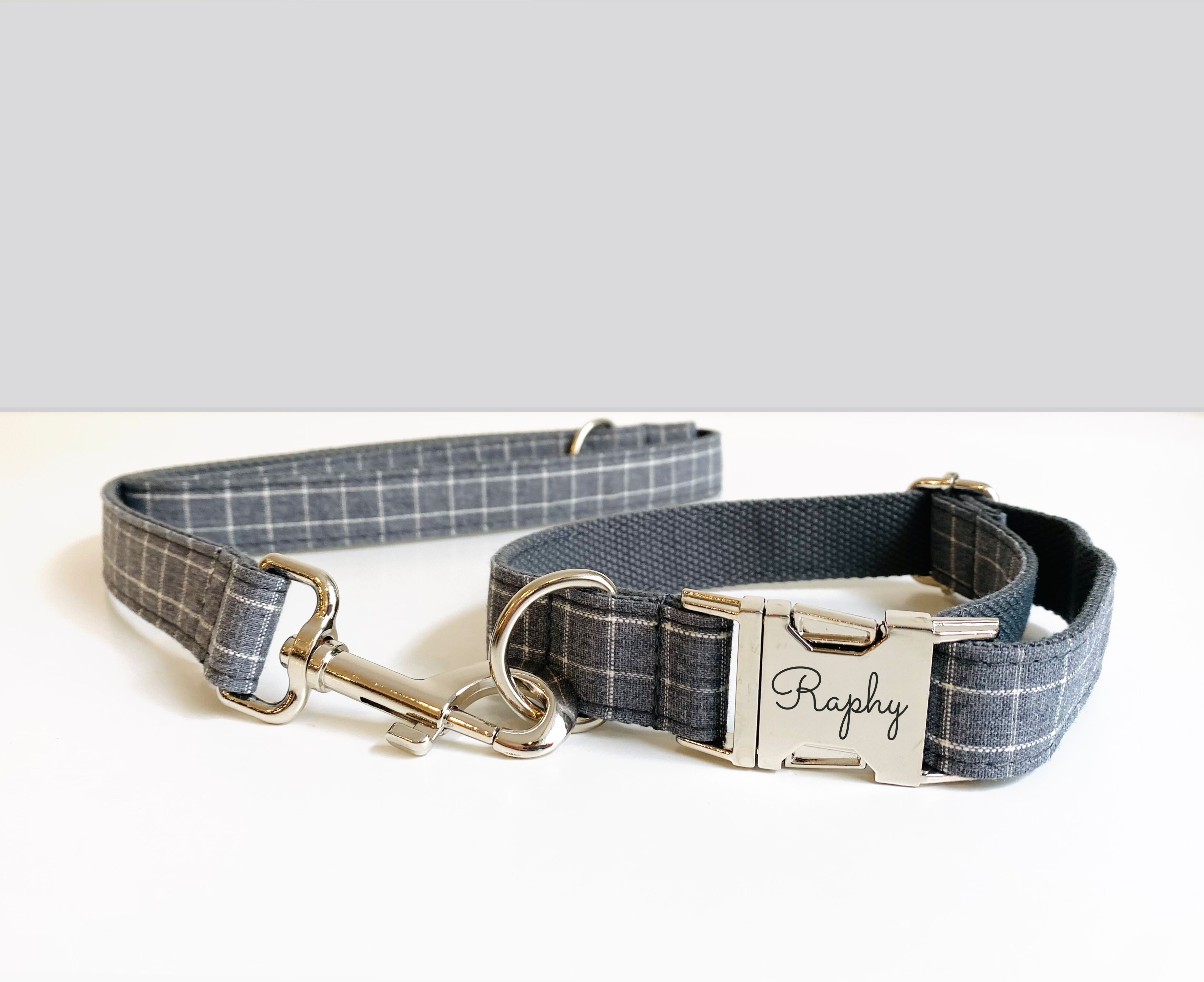 Laisse Chien Coton Carreaux Gris