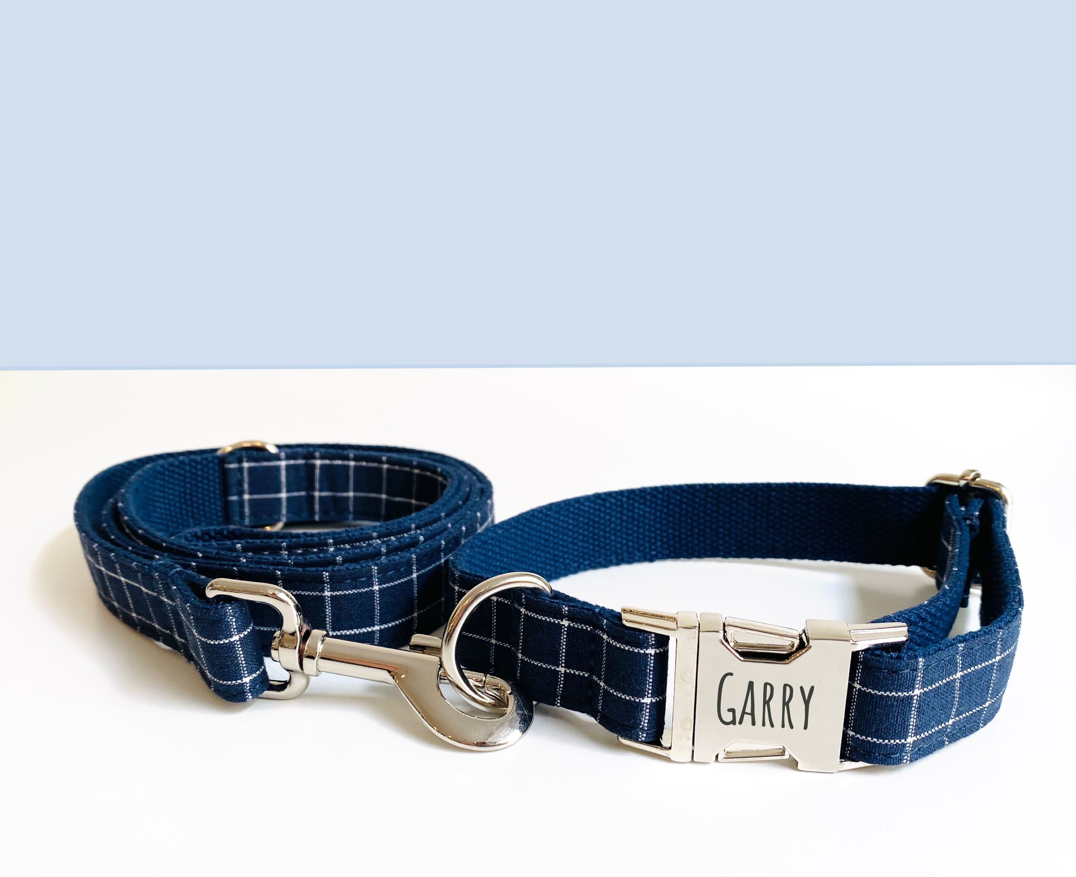 Navy Blue Checkered Cotton Dog Leash
