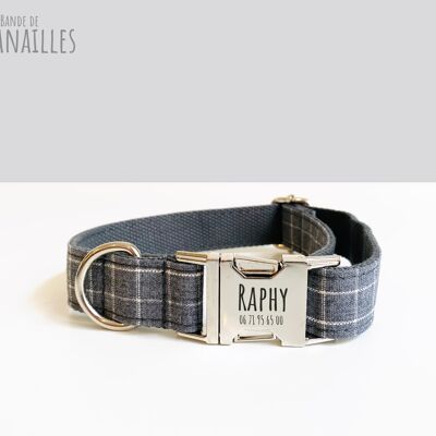 Collier Chien Coton Carreaux Gris