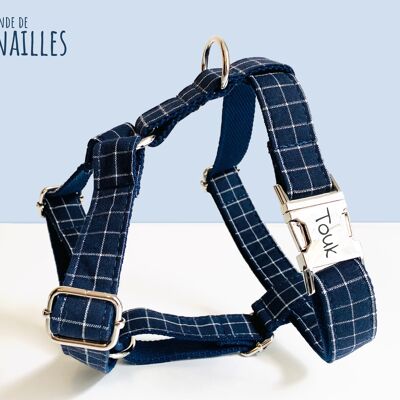 Navy Blue Check Cotton Dog Harness