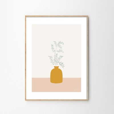 Illustration poster Green branch with mustard vase