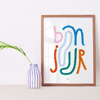 25 Wandposter „Bonjour“, Format A4/A3, minimalistisch und farbenfroh illustriert