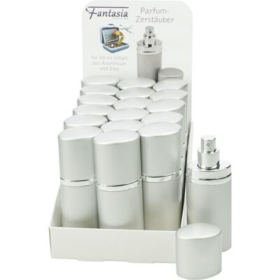 Espositore con 18 atomizzatori Alluminio, argento, per 30 ml, altezza 12,5 cm