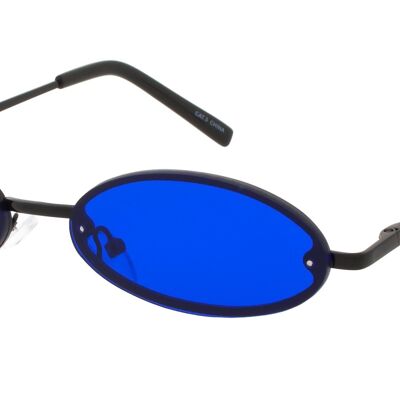 Sunglasses - ROVE - Rimless Retro Sunglasses in Black Metal with Blue lenses