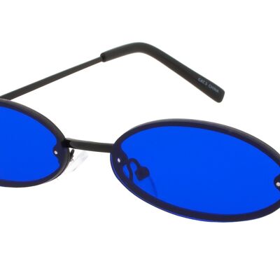 Sunglasses - ROVE - Rimless Retro Sunglasses in Black Metal with Blue lenses