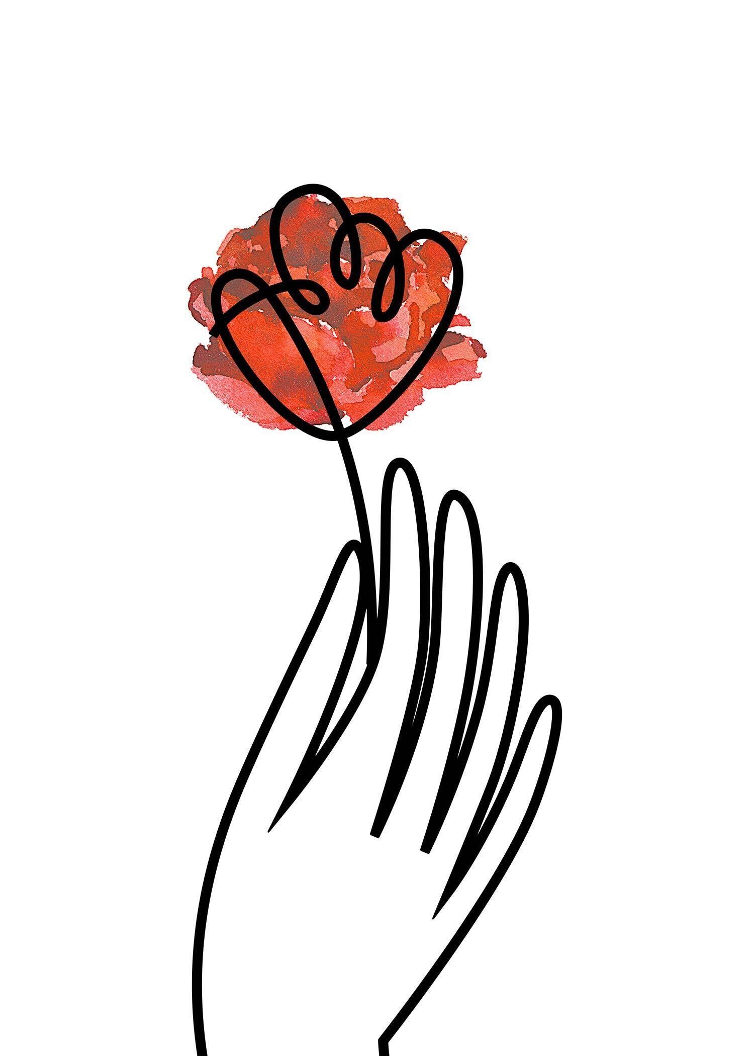 Hand With Rose Line Art Print - 50x70 - Matte