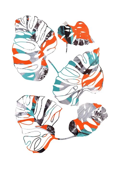 Orange And Teal Abstract Monstera Print - 50x70 - Matte