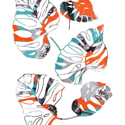Orange And Teal Abstract Monstera Print - 50x70 - Matte