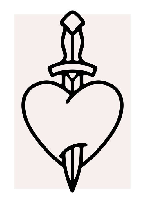 Heart And Dagger Black And White Tattoo Style Print - 50x70 - Matte