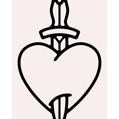 Impresión de estilo de tatuaje de corazón y daga en blanco y negro - 50 x 70 - mate