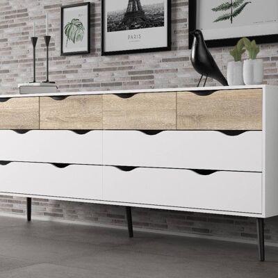 Dmora Cassettiera doppia a 8 cassetti, colore bianco e rovere, cm 195 x 81 x 39