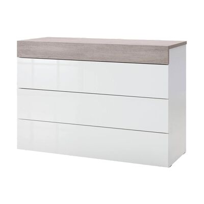 Dmora Cassettiera Ecija, Comò moderno a 4 cassetti, Settimanale multiuso per camera da letto, Mobile elgante da soggiorno, Cm 120x48h86, Bianco Lucido e Rovere gessato