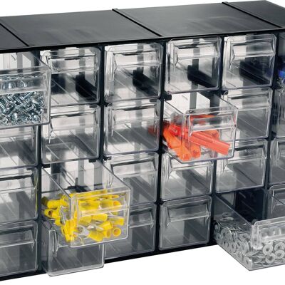 Dmora Cassettiera portaminuteria a 24 cassetti, Organiser portaoggetti con cassetti trasparenti, 100% Made in Italy, cm 38x14h23, colore Nero