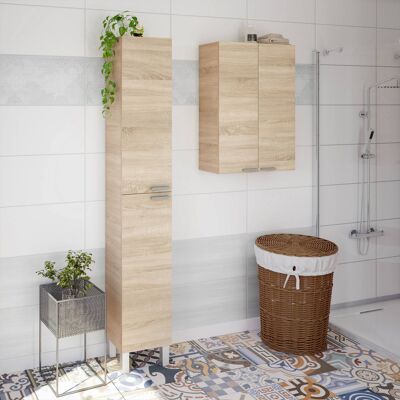 Dmora Colonna Bagno Hollywood, Mobile a colonna per bagno a 2 ante, Armadio pensile sospeso con 2 ripiani, cm 30x25h182, Rovere