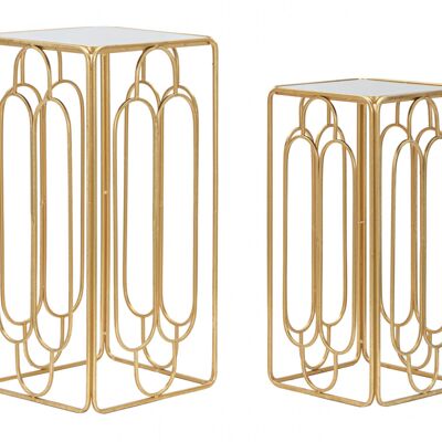 Dmora Coppia di Tavolini quadrati in metallo dorato, con piano in vetro a specchio, colore oro