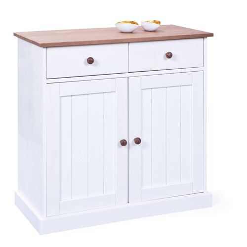 Dmora Credenza a due ante e due cassetti, colore bianco e marrone, cm 90 x 86 x 45.