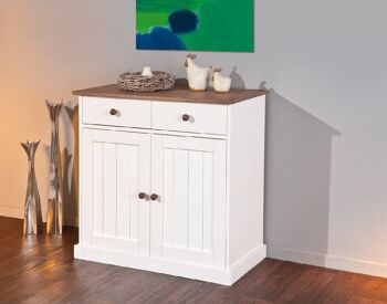 Buffet Dmora avec deux portes et deux tiroirs, couleur blanc et marron, 90 x 86 x 45 cm. 2