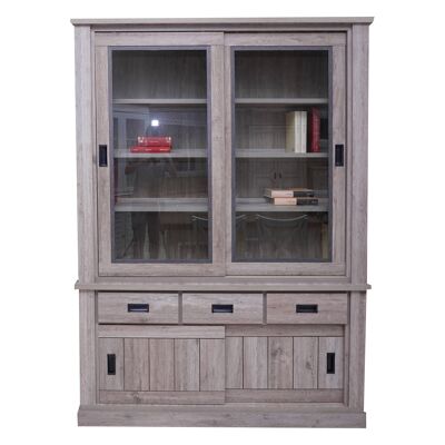 Dmora Credenza Alcira, Vetrina cristalliera a 4 ante e 3 cassetti, Madia alta da salotto, Cm 150x40h203, Rovere anticato