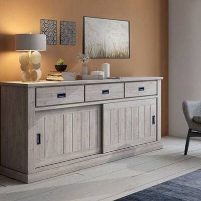 Dmora Credenza BolanosdeC, Buffet stile vintage a 2 ante e cassetti, Madia con ripiani, Mobile da soggiorno, Rovere anticato, Cm 220x50h95