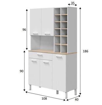 Buffet Dmora Madison, Buffet de cuisine avec 5 portes, Buffet porte-bouteilles avec 1 tiroir, Armoire avec pieds, cm 108x40h186, Chêne et Blanc 4