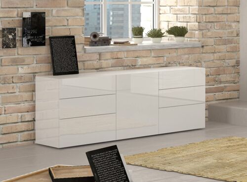 Dmora Credenza moderna a 1 anta e 6 cassetti, Made in Italy, Madia da cucina, Buffet di design da soggiorno, cm 170x40h35, Bianco lucido